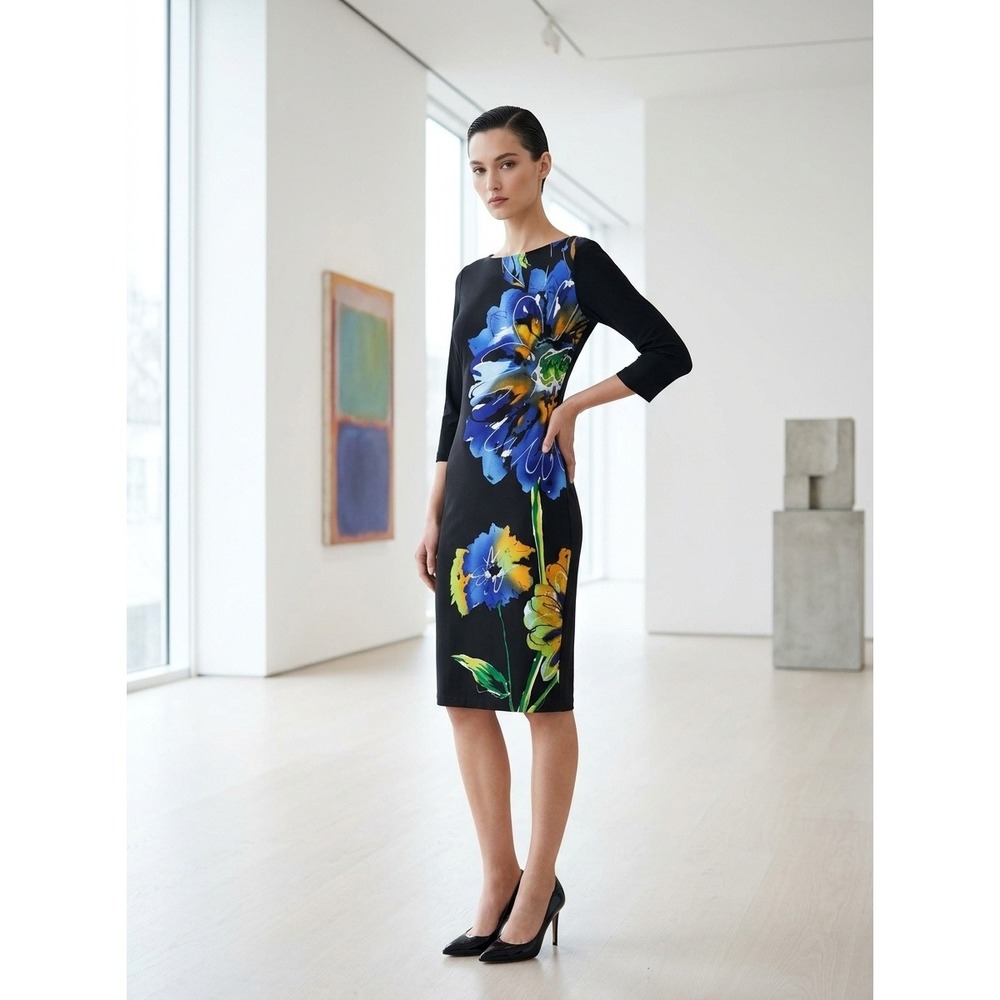 Joseph Ribkoff Black Floral Sheath Dress Bateau Neck 3/4 Sleeve Size 12 Canada